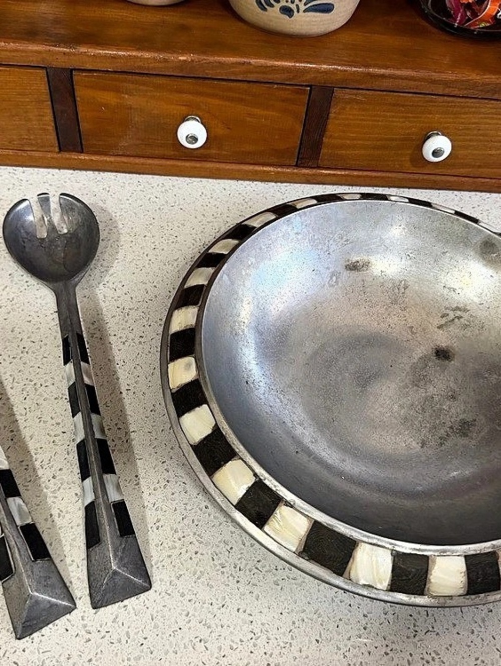 Towle Serving Bowl & Utensil Set Silver Black